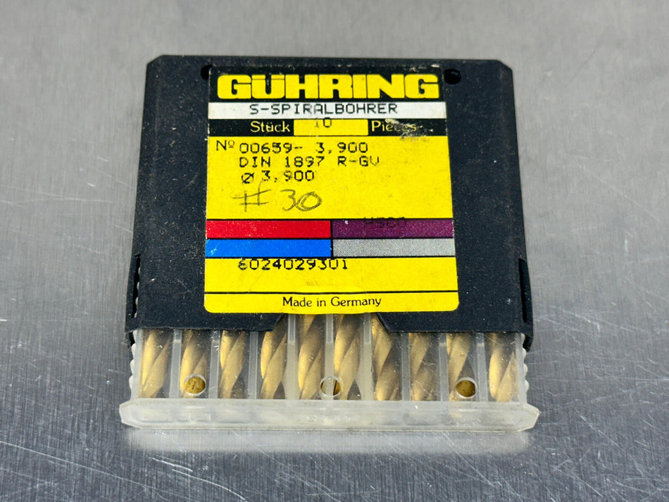 (10) Guhring 3.9mm HSS Stub Drill 653 Series TiN Coat 3.90mm 00653