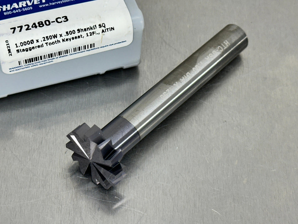Harvey 1/4" Carbide Keyseat Cutter 1" Dia Staggered Tooth 12 Flute 772480-C3