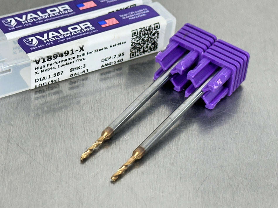 (2) Valor 1.587mm Solid Carbide Drill Coolant Through 5xD USA Made V189491-X