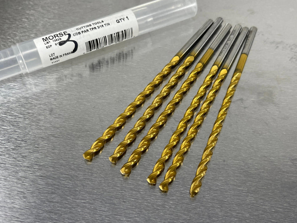 (6) Morse 3/16" Cobalt Drill, Taper Length, TiN Coated, HSSCo5
