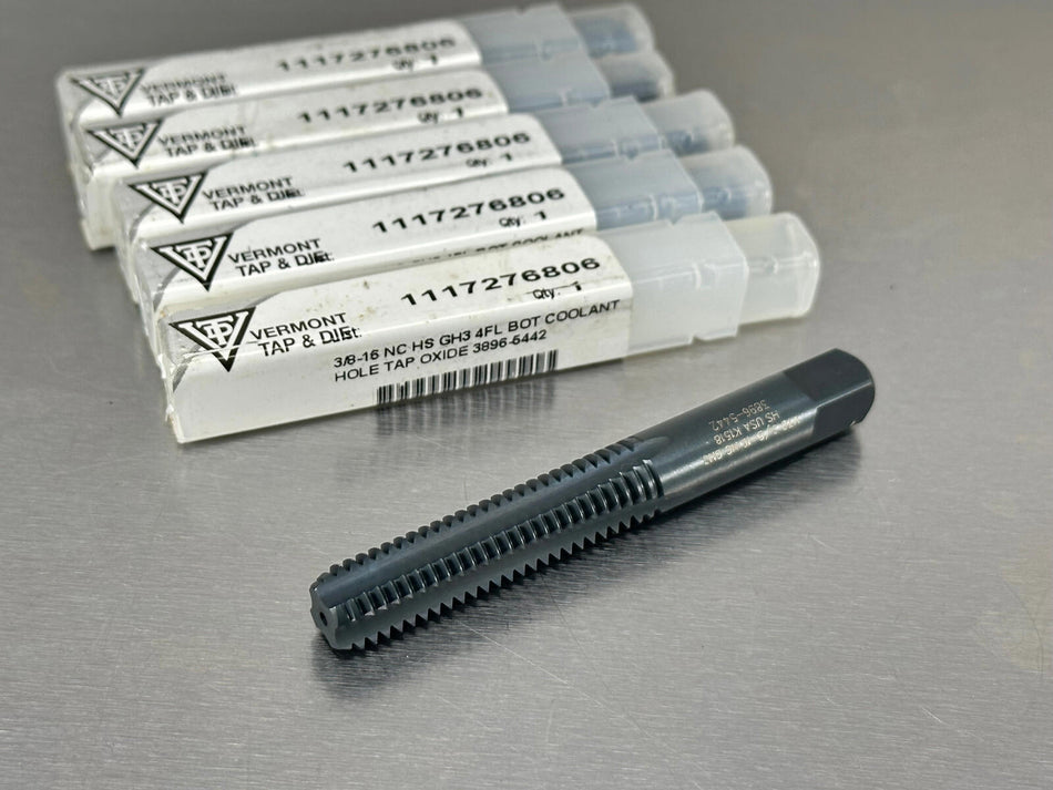 (5) Vermont 3/8-16 Tap Oil Coolant Hole Bottom GH3 4 Flute Black Oxide
