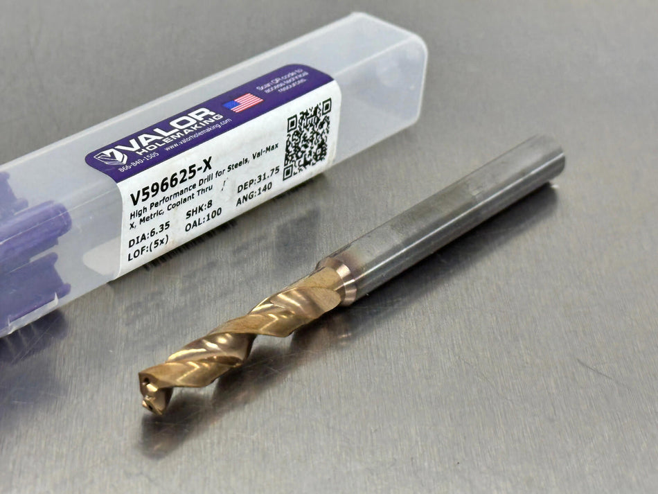 Valor 1/4" Solid Carbide Drill Coolant Through 5xD USA Made V596625-X