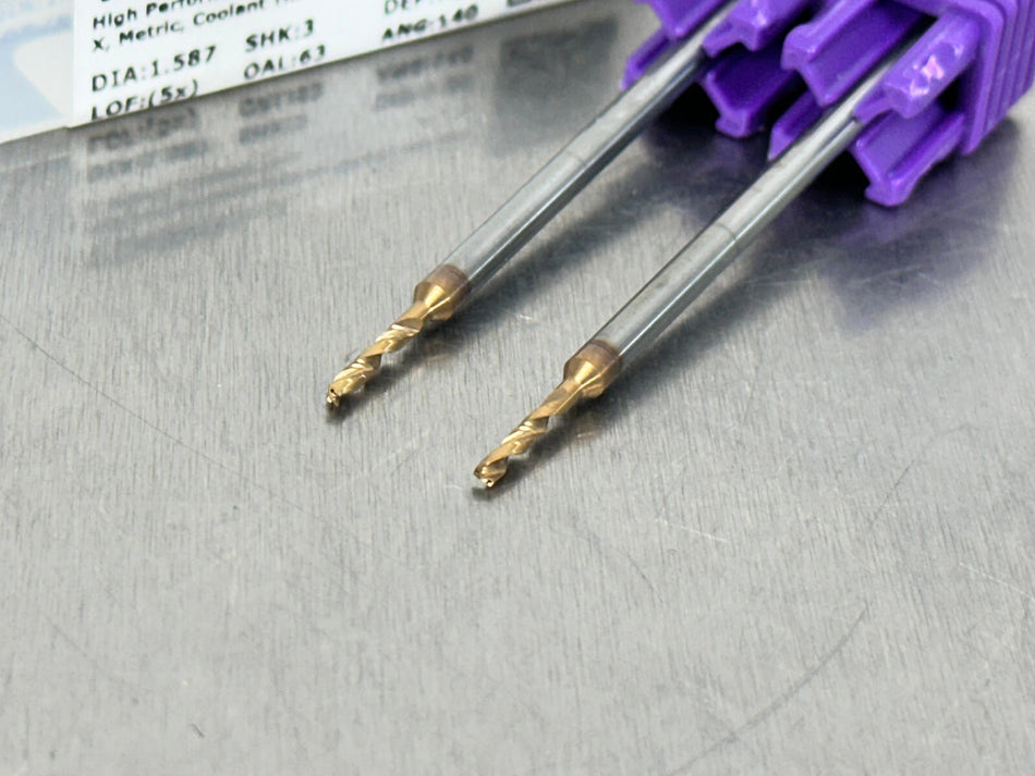 (2) Valor 1.587mm Solid Carbide Drill Coolant Through 5xD USA Made V189491-X