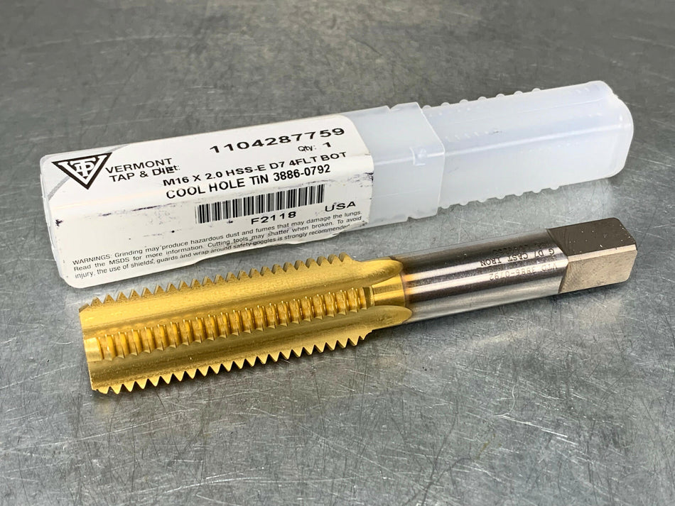 Vermont M16 x 2.0 D7 HSS-E Tap Metric w/ Oil Hole, TiN Coated, 4 Flute. Bottom