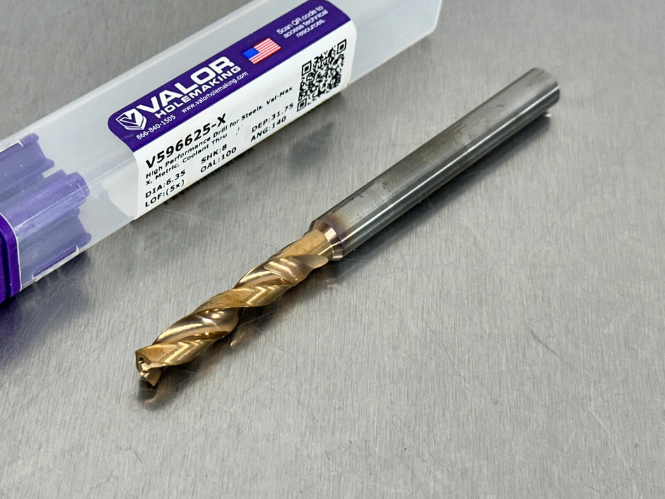 Valor 1/4" Solid Carbide Drill Coolant Through 5xD USA Made V596625-X