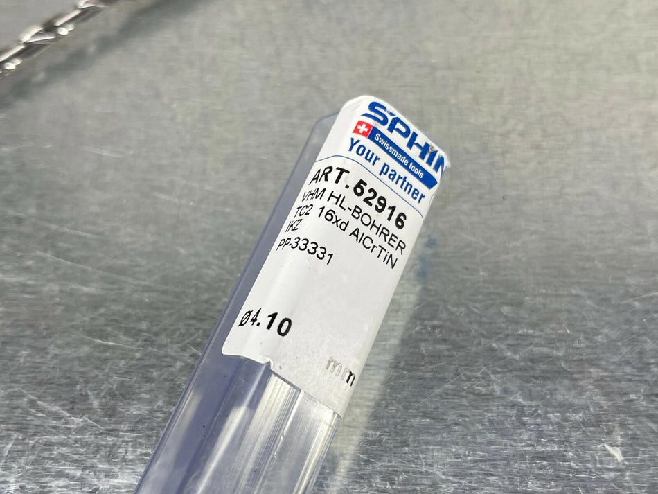 Sphinx 4.10mm Solid Carbide Drill 16xD Coolant Fed AlCrTiN 40.52916.0410