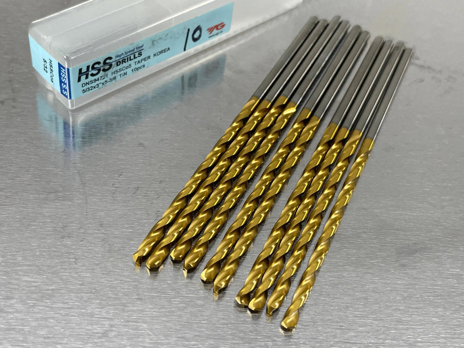 (10) YG1 5/32" Cobalt Drill Taper Length, TiN Coated, HSSCo5