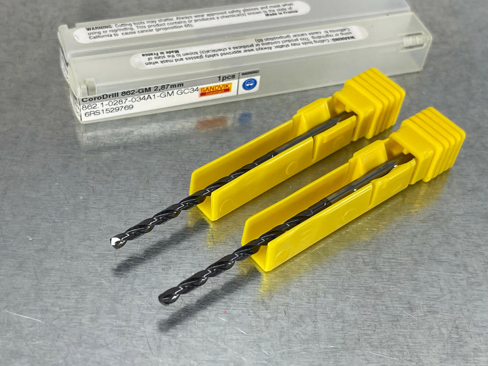 (2) Sandvik 2.87mm Carbide Drill 12xD Coolant Fed 862.1-0287-034A1-GM GC34