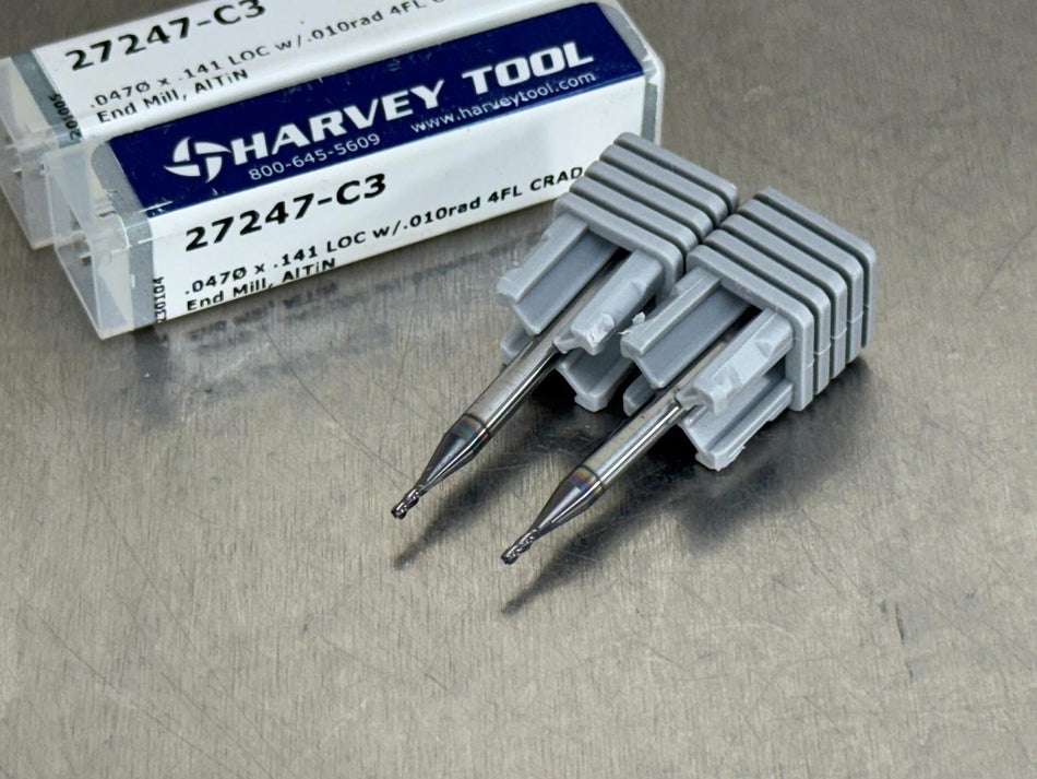 (Qty 2) Harvey 3/64" Carbide End Mill .01" CR 27247-C3