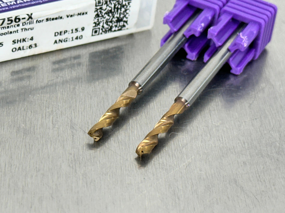 (2) Valor 1/8" Solid Carbide Drill Coolant Through 5xD USA Made V809756-X