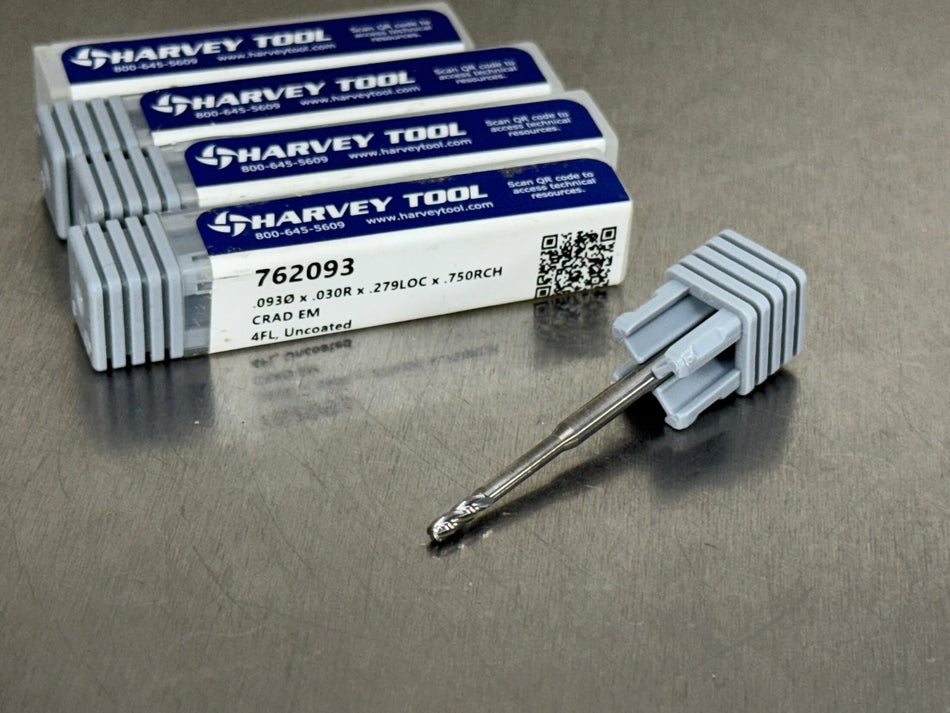 (Qty. 4) Harvey 3/32" Carbide End Mill Long Reach .03" CR 762093