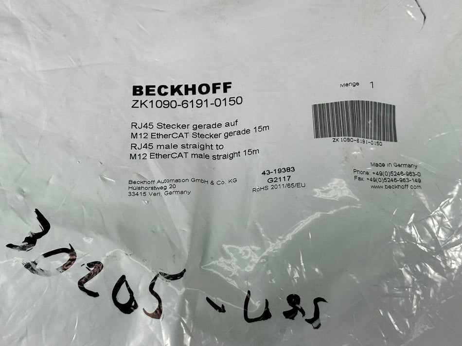 Beckhoff ZK1090-6191-0150 Cable M12 to RJ45 Ethernet 15m