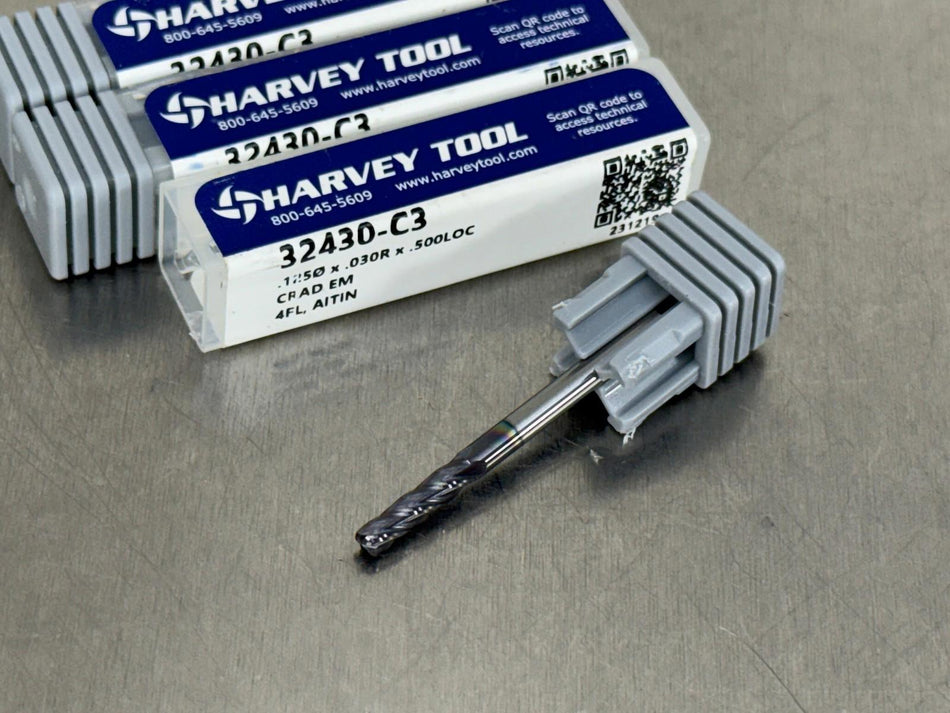(Qty 3) Harvey 1/8" Carbide End Mill .03" CR 32430-C3