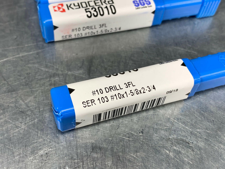 (5) SGS Kyocera #10 Carbide Drill, 3FL, 150°, 2-3/4" OAL 53010