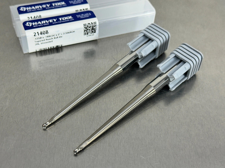 (2) Harvey 1/8" Carbide End Mill Ball Tapered Reach Clearance Cutter 21408