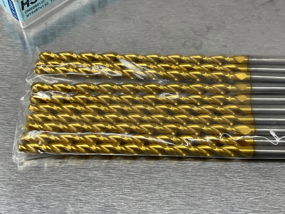 (10) YG1 3/16" Cobalt Drill Parabolic, TiN Coated, HSSCo5, 5.2" OAL