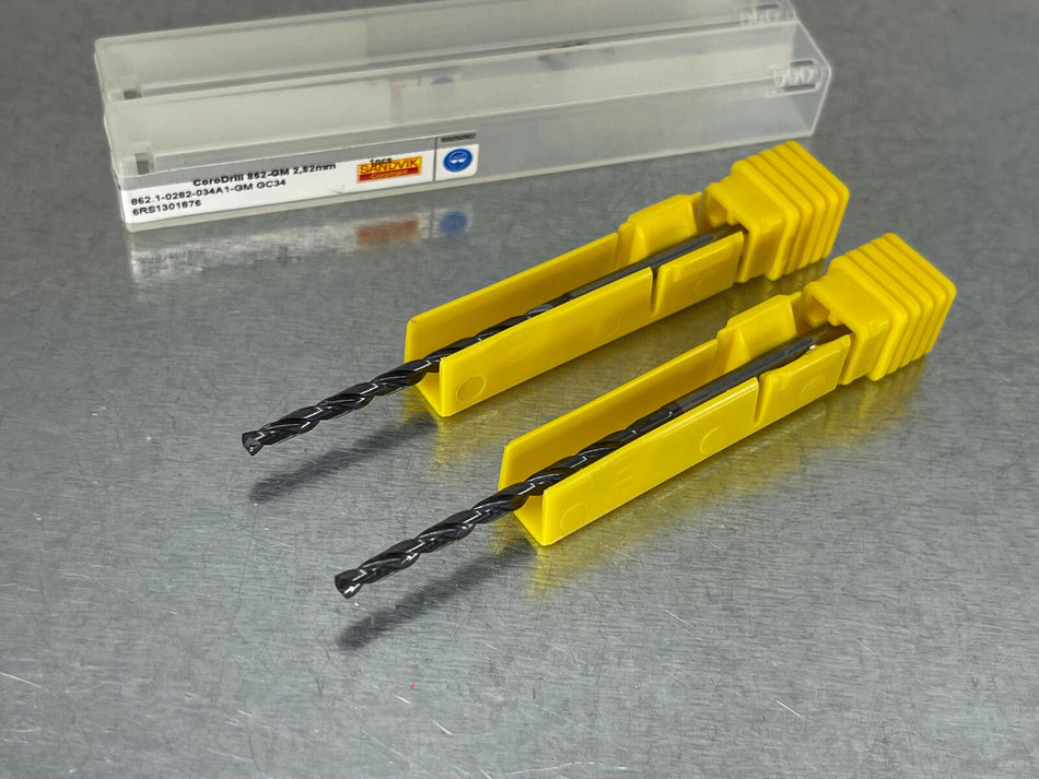 (2) Sandvik 2.82mm Carbide Drill 12xD Coolant Fed 862.1-0282-034A1-GM GC34