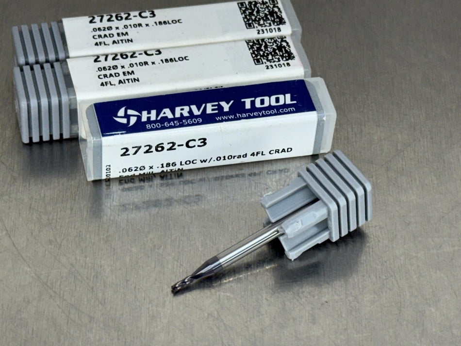 (Qty 3) Harvey 1/16" Carbide End Mill .01" CR 27262-C3