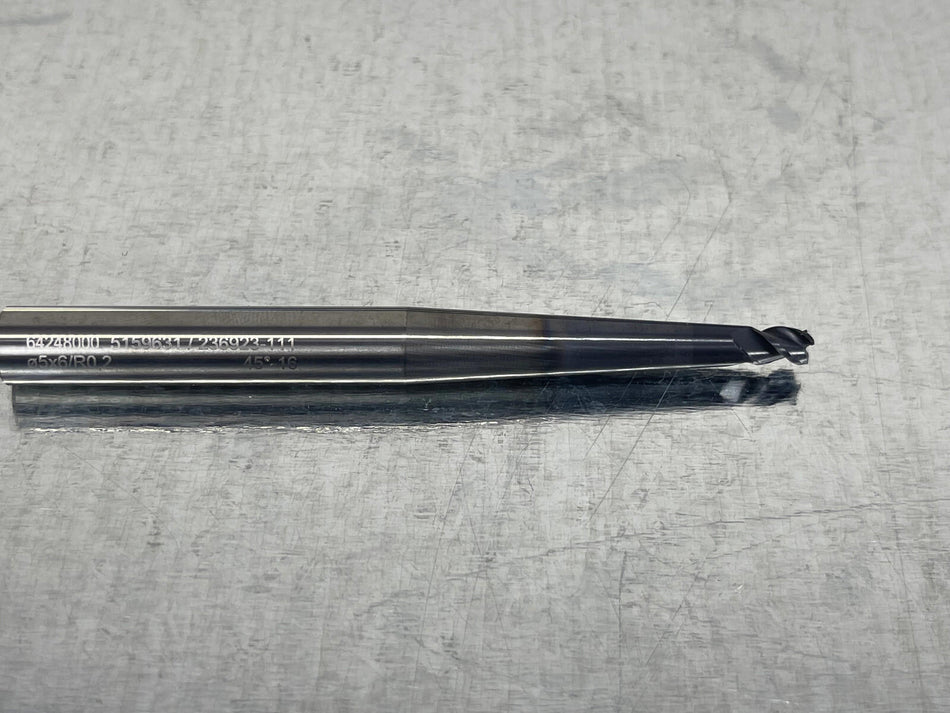 Walter 5mm Carbide End Mill Prototyp 0.2mm Radius, Tapered Neck, 10mm Shank
