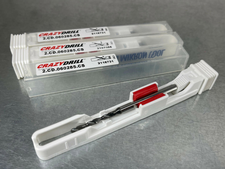 (3) Mikron 2.85mm Solid Carbide Drill CrazyDrill 6xD Coolant Fed 2.CD.060285.CS