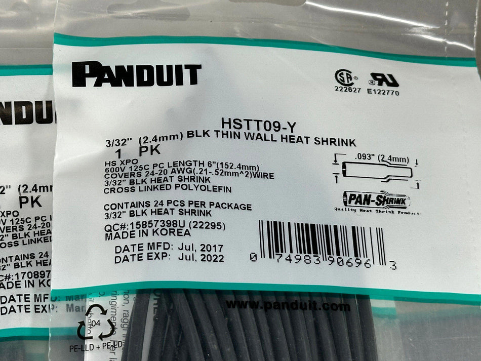 (5 Packs) Panduit HSTT09-Y 3/32" Heat Shrink Tube Black 6" Dry-Shrink