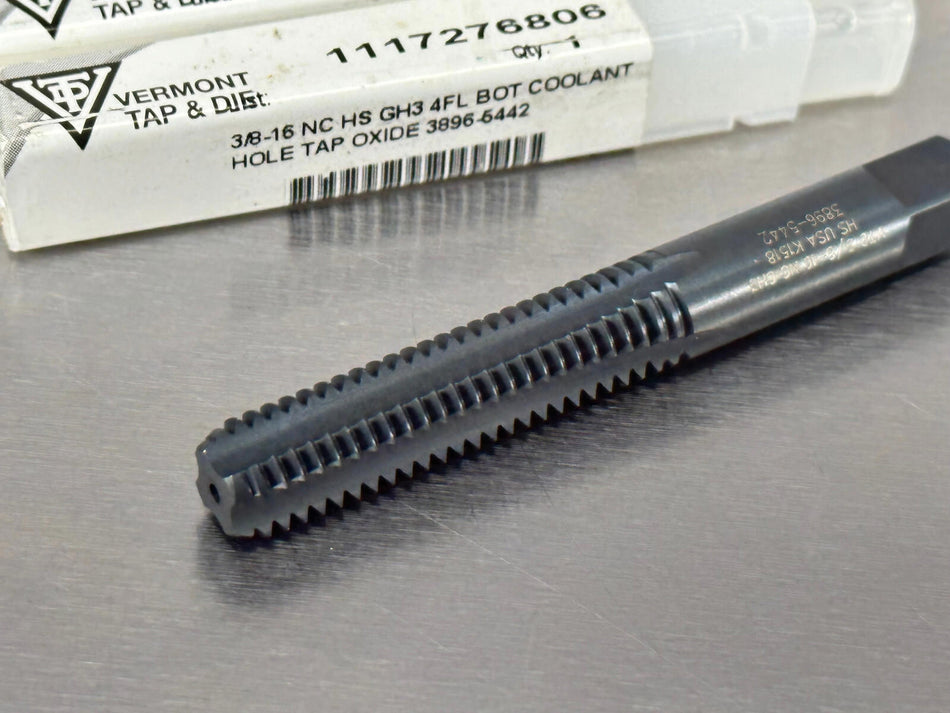 (5) Vermont 3/8-16 Tap Oil Coolant Hole Bottom GH3 4 Flute Black Oxide