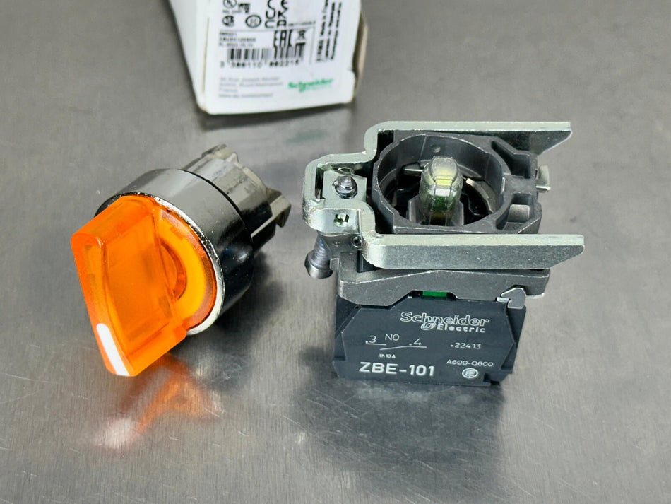 Schneider XB4BK125B5 Selector Switch Illuminated Orange LED 22mm, 2 Position