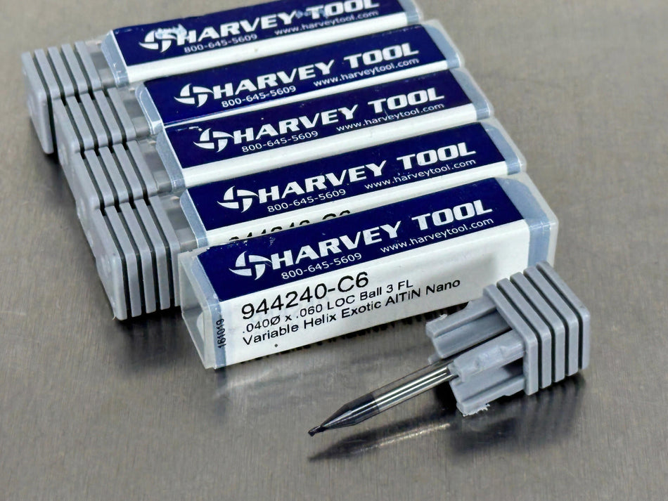 (5) Harvey .04" Carbide End Mill Miniature Variable Helix Ball Nose 944240-C6