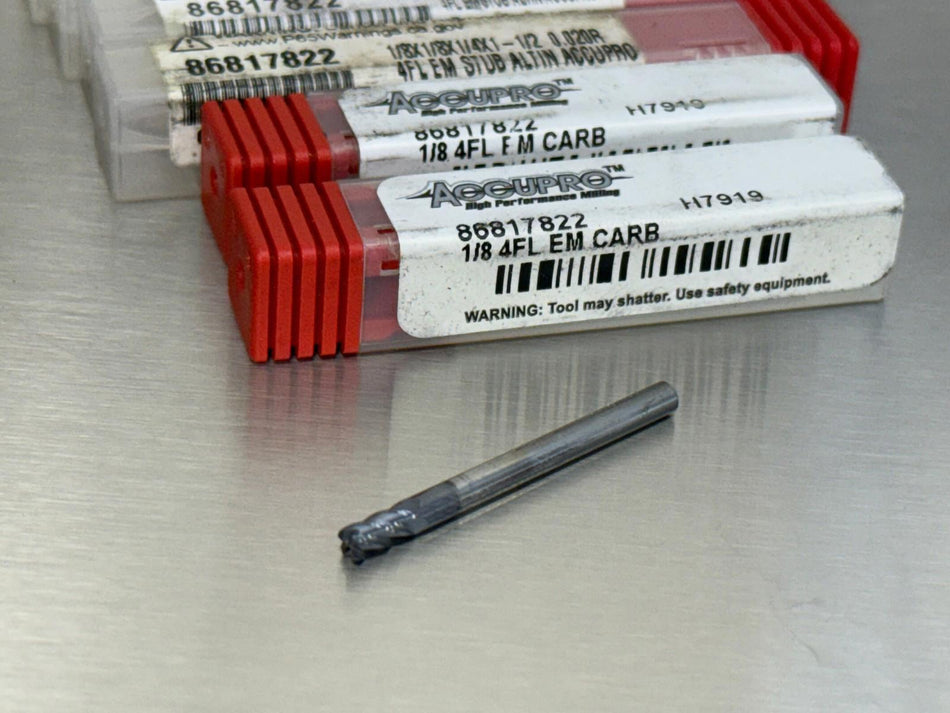 (6) Accupro 1/8" Carbide End Mill .02" CR 4FL 86817822