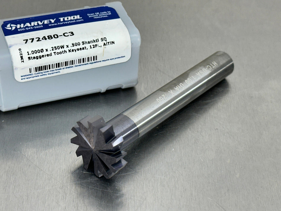 Harvey 1/4" Carbide Keyseat Cutter 1" Dia Staggered Tooth 12 Flute 772480-C3