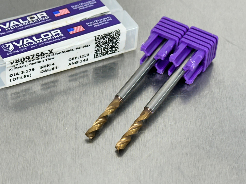 (2) Valor 1/8" Solid Carbide Drill Coolant Through 5xD USA Made V809756-X