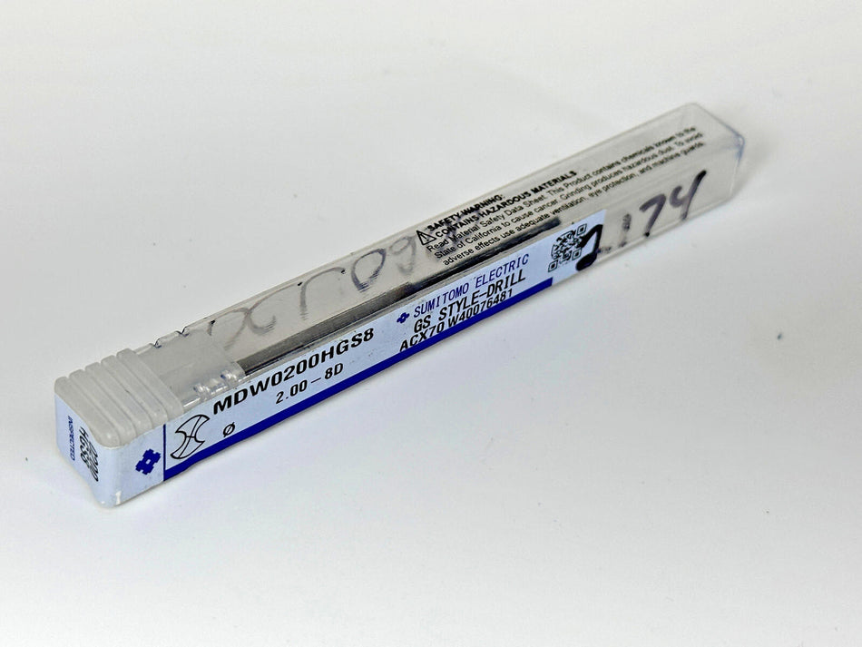 Sumitomo 2.0mm Carbide Drill 8xD Through Coolant MDW0200HGS8