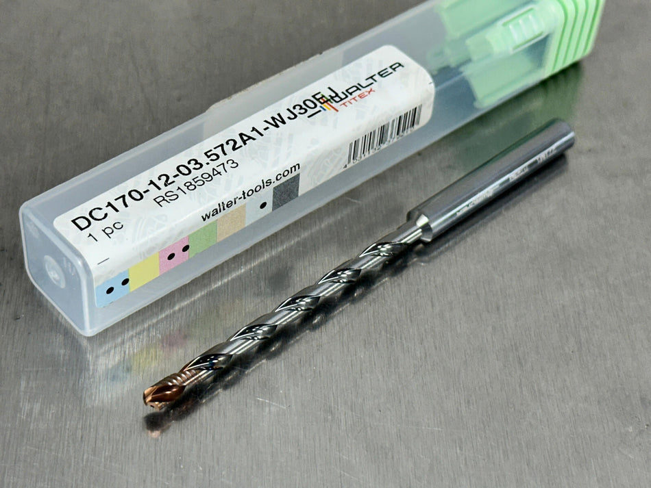Walter 9/64" Solid Carbide Drill 12xD Coolant Through DC170-12-03.572A1-WJ30EJ