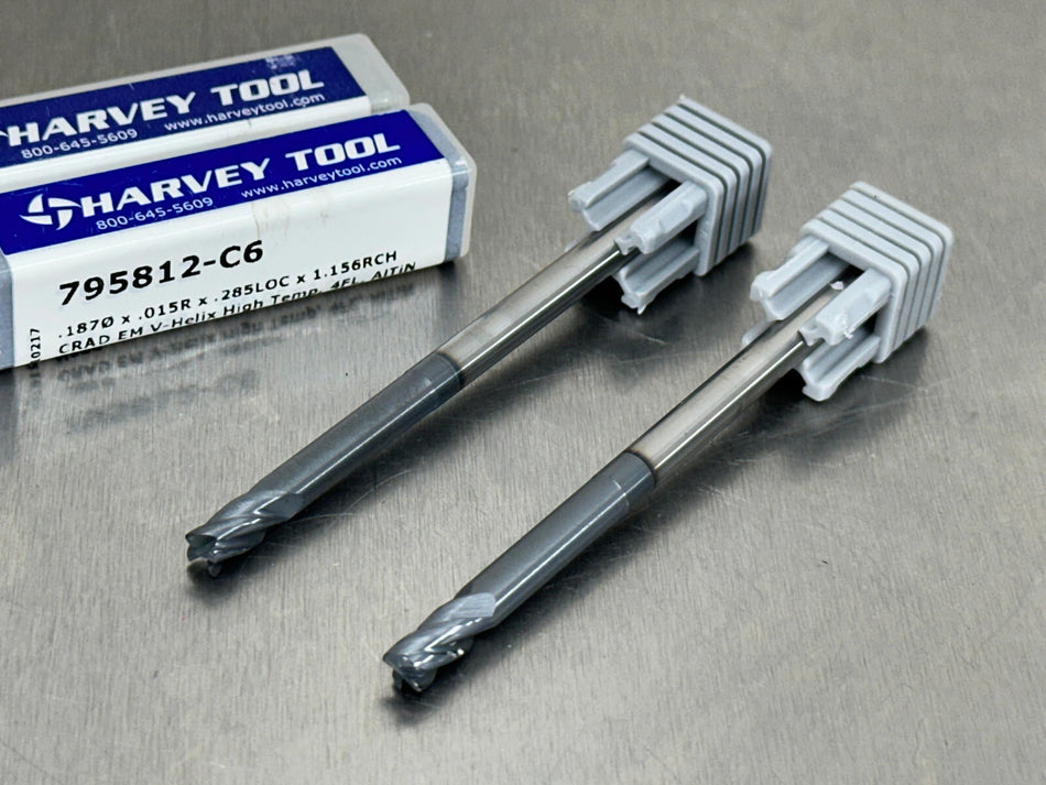 (2) Harvey 3/16" Carbide End Mill Variable Helix .03" CR 3" OAL 795812-C6