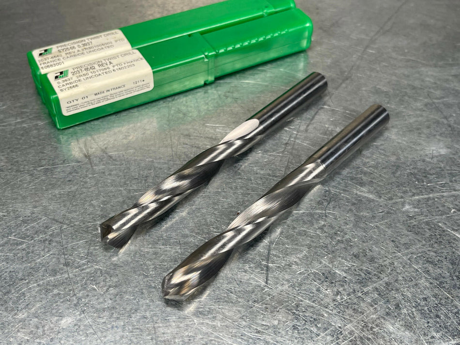 (2) PTD .3937" Carbide Drill, 4-15/16" OAL, Non Coolant Thru