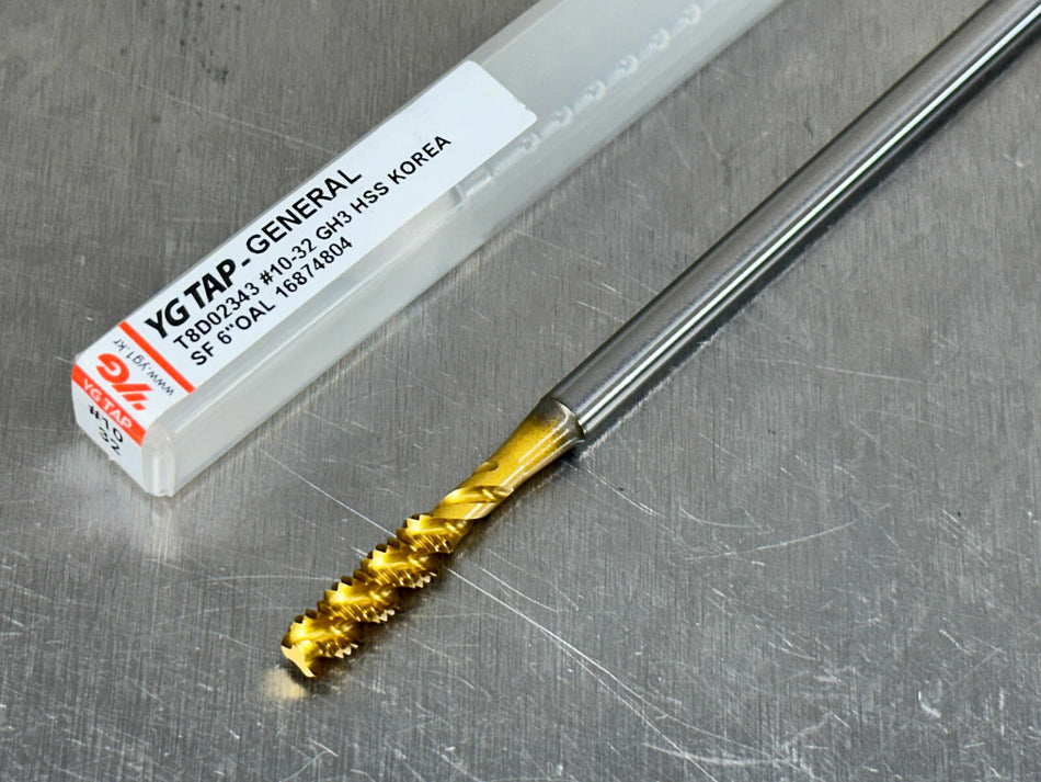 YG1 #10-32 Extension Tap Spiral Flute H3 6" OAL, 3 Flute Bottom 10-32 T8D02343
