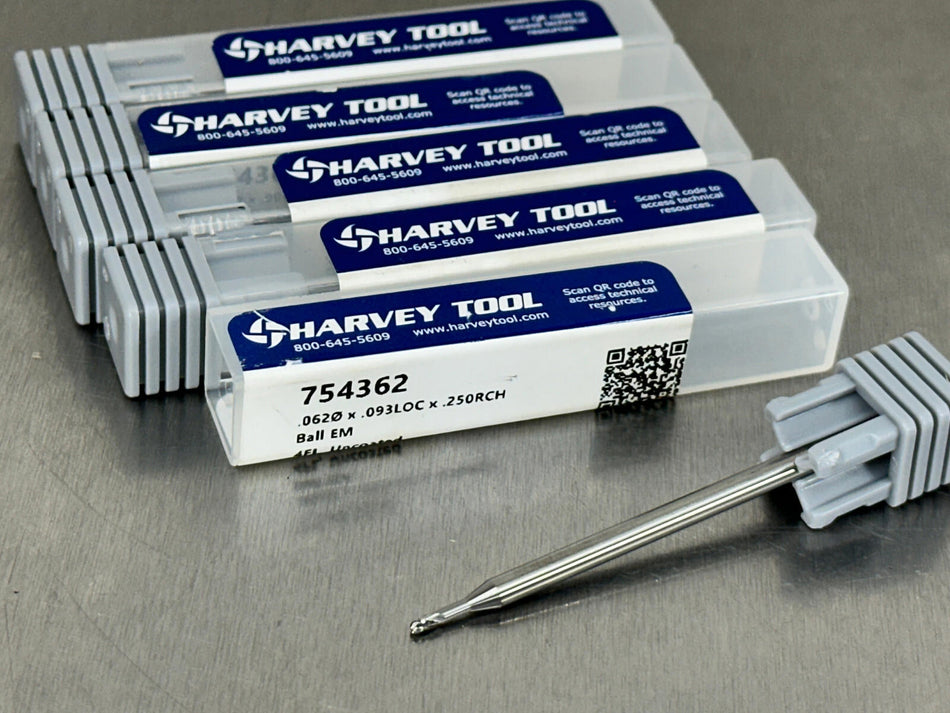 (5) Harvey 1/16" Carbide End Mill Ball Long Reach 2-1/2" OAL 754362