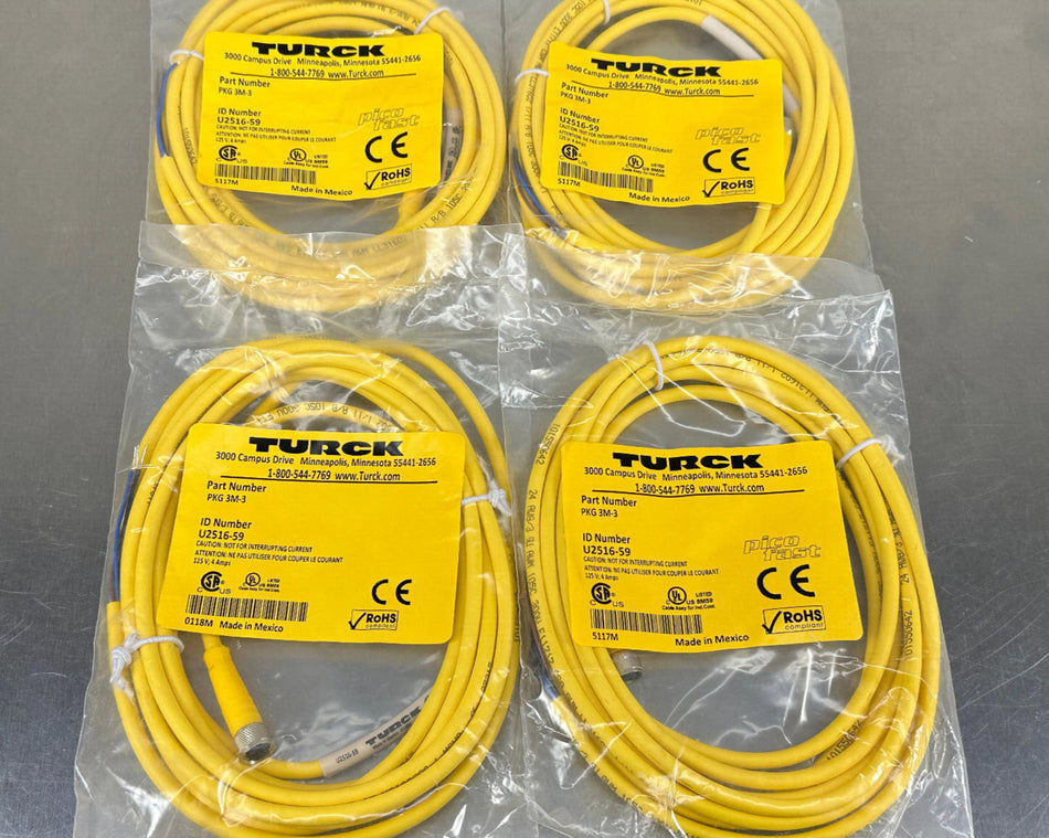 (4) Turck PKG 3M-3 Cordset 3-Pin to Pigtail Cable M8 Female