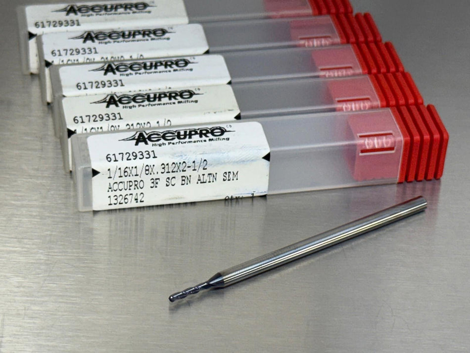 (5) Accupro .0625" Carbide End Mill 1/16" Ball Nose 2.5" OAL 61729331