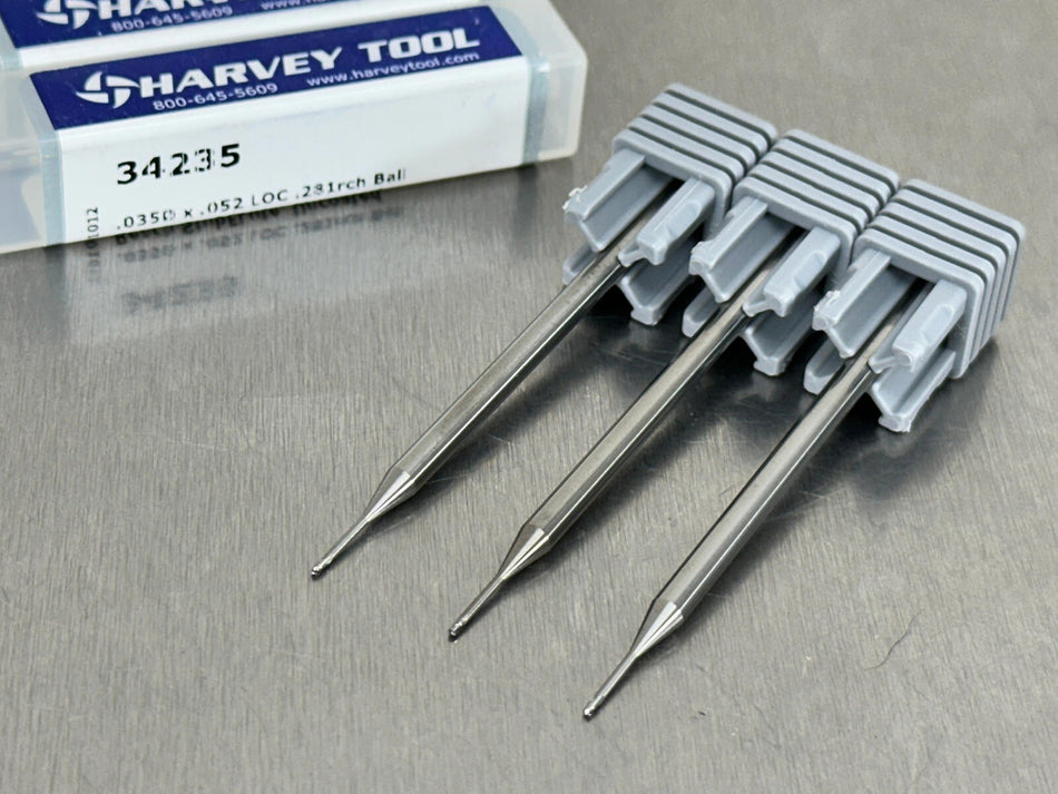 (3) Harvey .035" Carbide End Mill Ball End Long Reach 2.5" OAL 34235