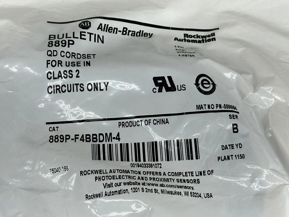 (2) Allen Bradley 889P-F4BBDM-4 Cordset Pico QD Cable 4-Pin Class 2