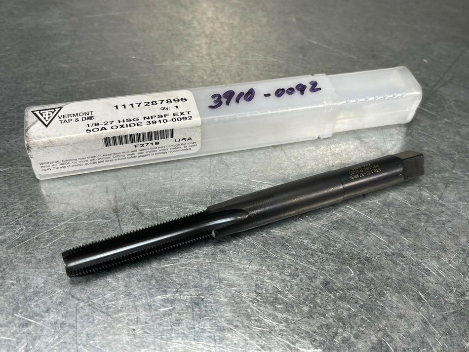 Vermont 1/8-27 NPSF Tap High Speed Ground 4FL, Black Oxide, 5" OAL