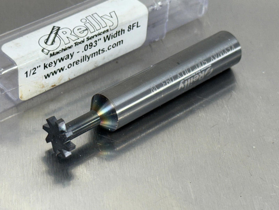 O'Reilly .093" Solid Carbide Keyseat Cutter Keyway 1/2" Dia 8FL, 1/2" Shank