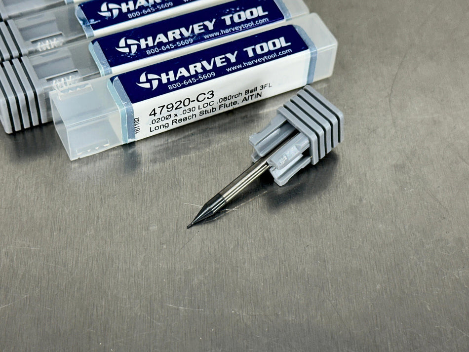 (5) Harvey .02" (.5mm) Carbide End Mill Miniature Ball Nose 47920-C3