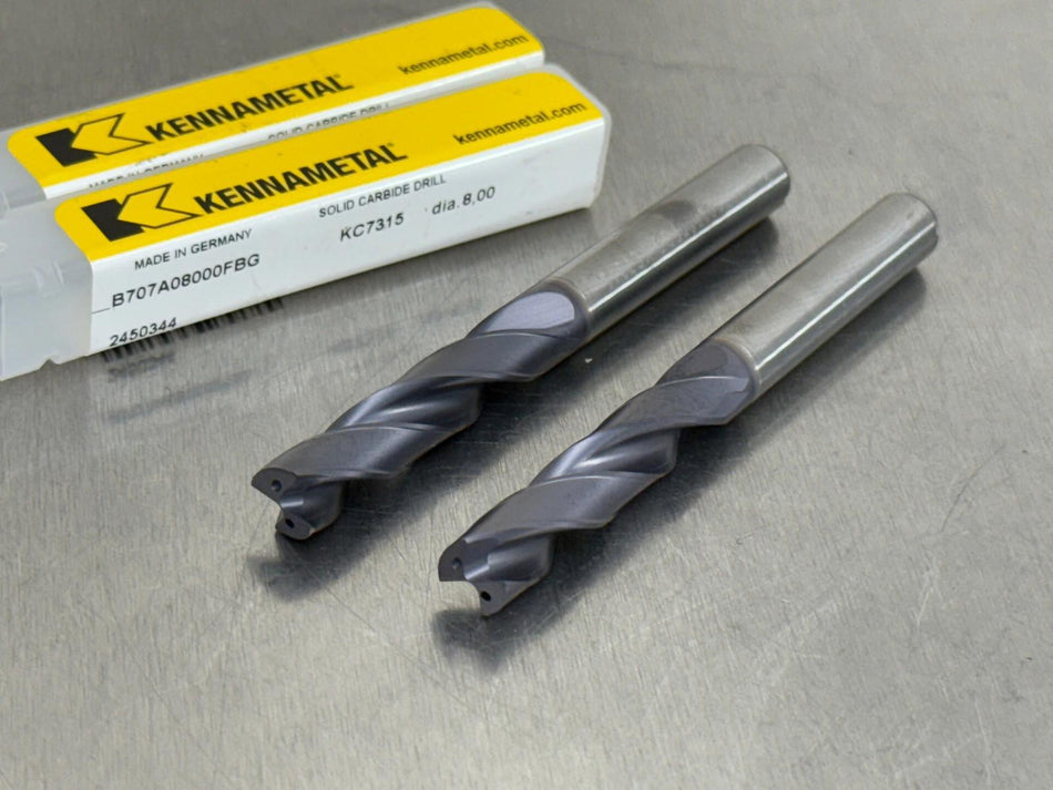 Kennametal 8mm Carbide Drill 3xD Coolant Through B707A08000FBG (Qty. 2)