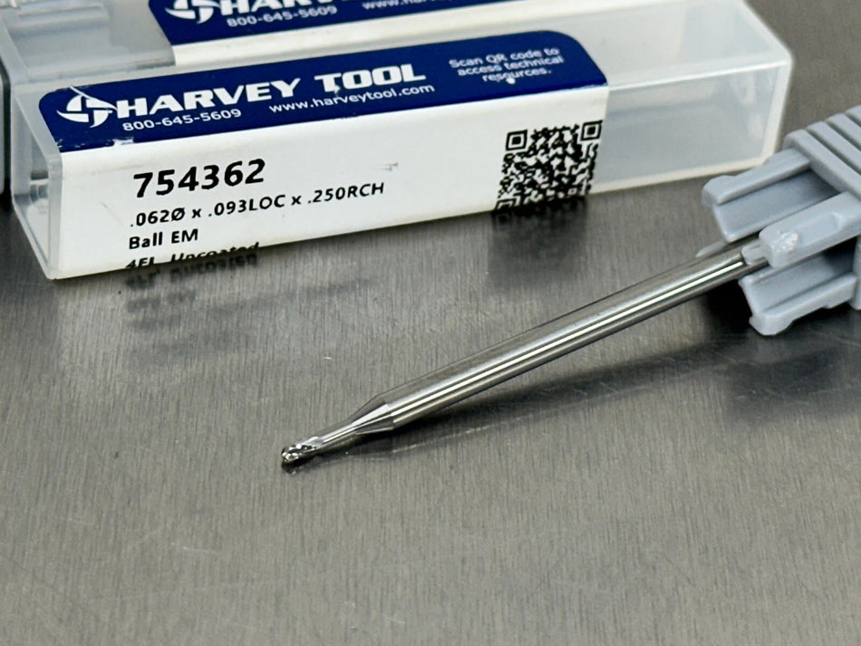 (5) Harvey 1/16" Carbide End Mill Ball Long Reach 2-1/2" OAL 754362