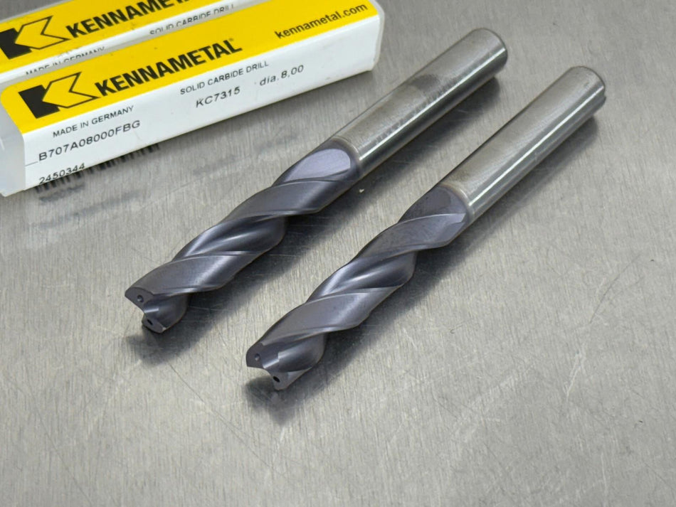 Kennametal 8mm Carbide Drill 3xD Coolant Through B707A08000FBG (Qty. 2)