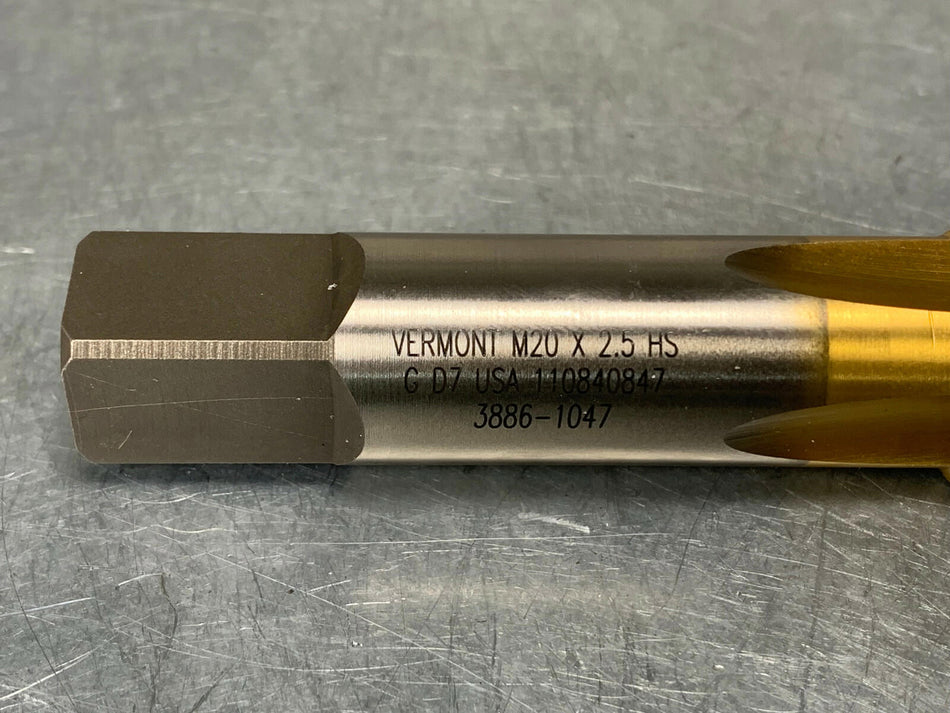 Vermont M20 x 2.5 D7 HSS Tap Metric, TiN Coated, 4 Flute, RH