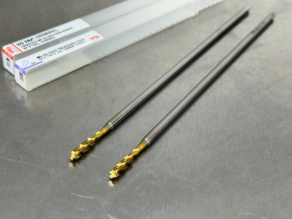 (2) YG1 #6-32 Extension Tap Spiral Flute H3 6" OAL, 3 Flute Bottom 6-32 T8D02243