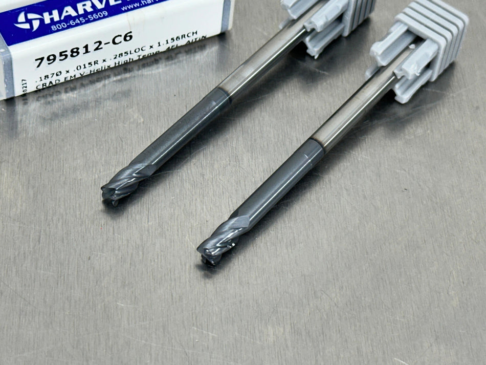 (2) Harvey 3/16" Carbide End Mill Variable Helix .03" CR 3" OAL 795812-C6